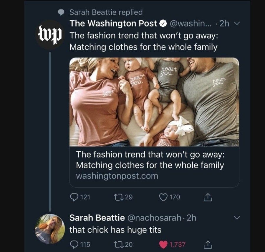 washington post - Sarah Beattie replied The Washington Post ... 2h v Wd The fashion trend that won't go away Matching clothes for the whole family heart you. Cheart you. hea The fashion trend that won't go away Matching clothes for the whole family washin