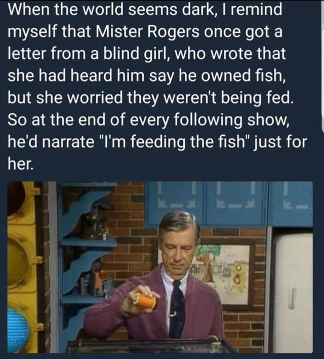 mr rogers fish meme - When the world seems dark, I remind myself that Mister Rogers once got a letter from a blind girl, who wrote that she had heard him say he owned fish, but she worried they weren't being fed. So at the end of every ing show, he'd narr