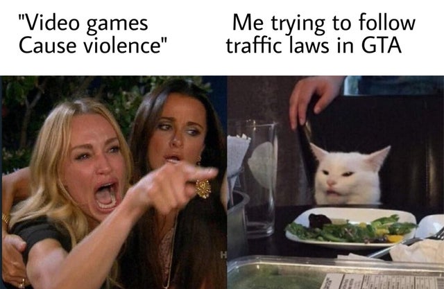 video game violence - woman yelling at cat meme -