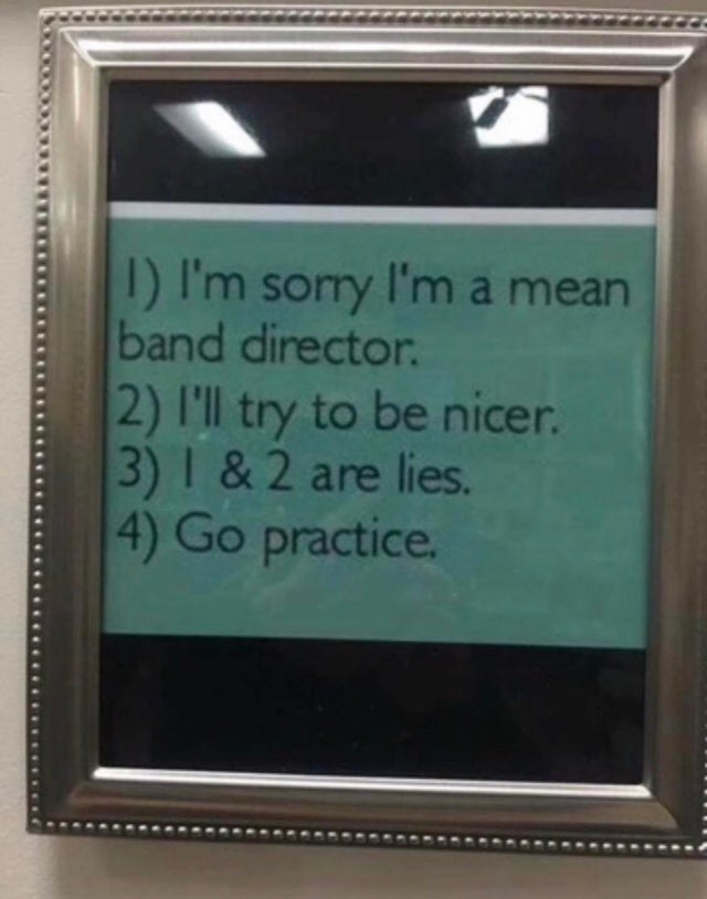 display device - 1 I'm sorry I'm a mean band director 2 I'll try to be nicer. 3 1 & 2 are lies 4 Go practice.