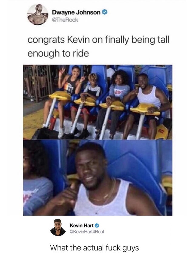 Meme - Dwayne Johnson congrats Kevin on finally being tall enough to ride Kevin Hart Hart4Real What the actual fuck guys