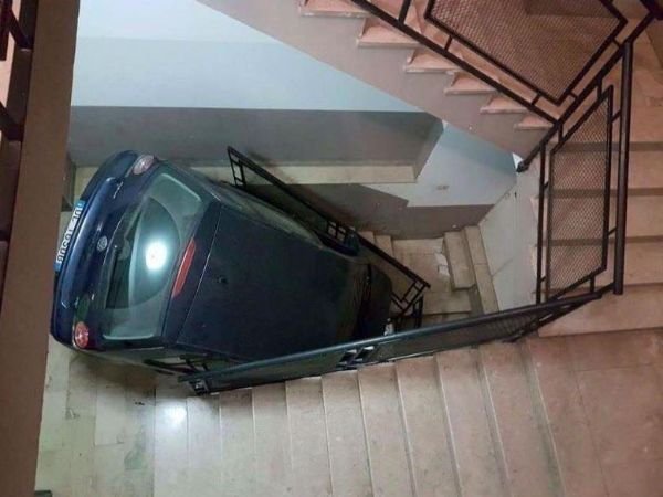 car stuck in stairwell