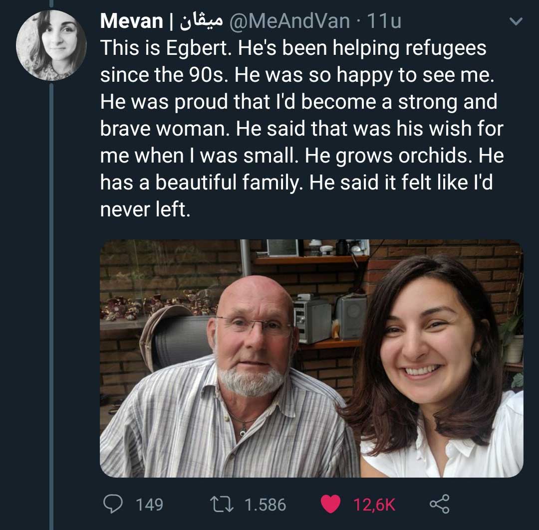 Mevani lns 11u This is Egbert. He's been helping refugees since the 90s. He was so happy to see me. He was proud that I'd become a strong and brave woman. He said that was his wish for me when I was small. He grows orchids. He has a beauti