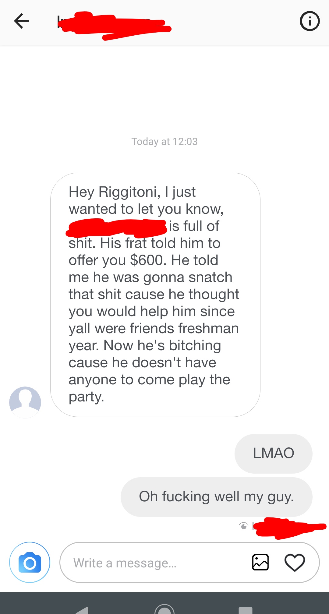 After making the text exchange, Riggitoni received this info from a person close to the frat.