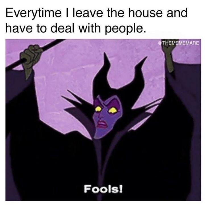 Funny memes for her - maleficent meme - Everytime I leave the house and have to deal with people. Fools!