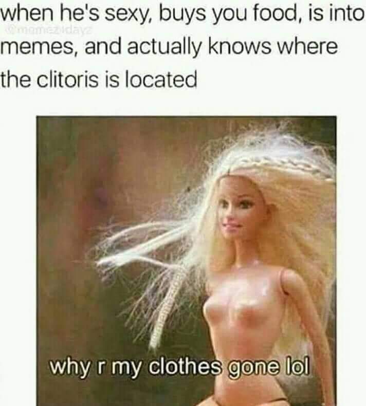 Funny memes for her - photo caption - when he's sexy, buys you food, is into memes, and actually knows where the clitoris is located why r my clothes gone lol