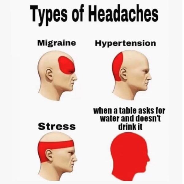 Funny Server Meme - Funny Server Memes - jaw - Types of Headaches Migraine Hypertension when a table asks for water and doesn't drink it Stress