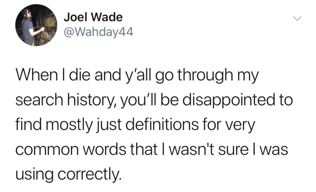 Funny Relatable Meme that says - Joel Wade When I die and y'all go through my search history, you'll be disappointed to find mostly just definitions for very common words that I wasn't sure I was using correctly.