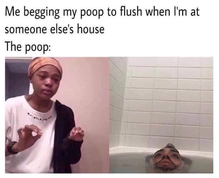 Funny Relatable Meme that says - me begging my poop to flush - Me begging my poop to flush when I'm at someone else's house The poop