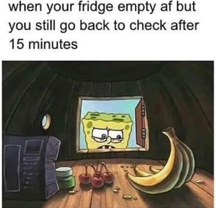 Funny Relatable Meme that says - empty fridge meme - when your fridge empty af but you still go back to check after 15 minutes