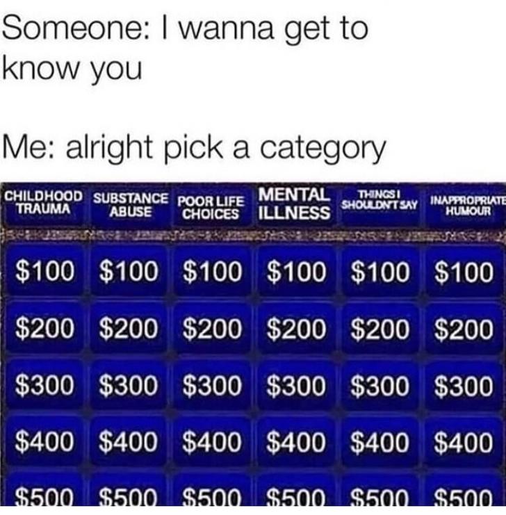 jeopardy childhood trauma - Someone I wanna get to know you Me alright pick a category Childhood Substance Poor Life Mental Trauma Abuse Choices Illness Mine Thnosi Shouldnt Say Inapproprute Humour $100 $100 $100 $100 $100 $100 $200 $200 $200 $200 $200 $2