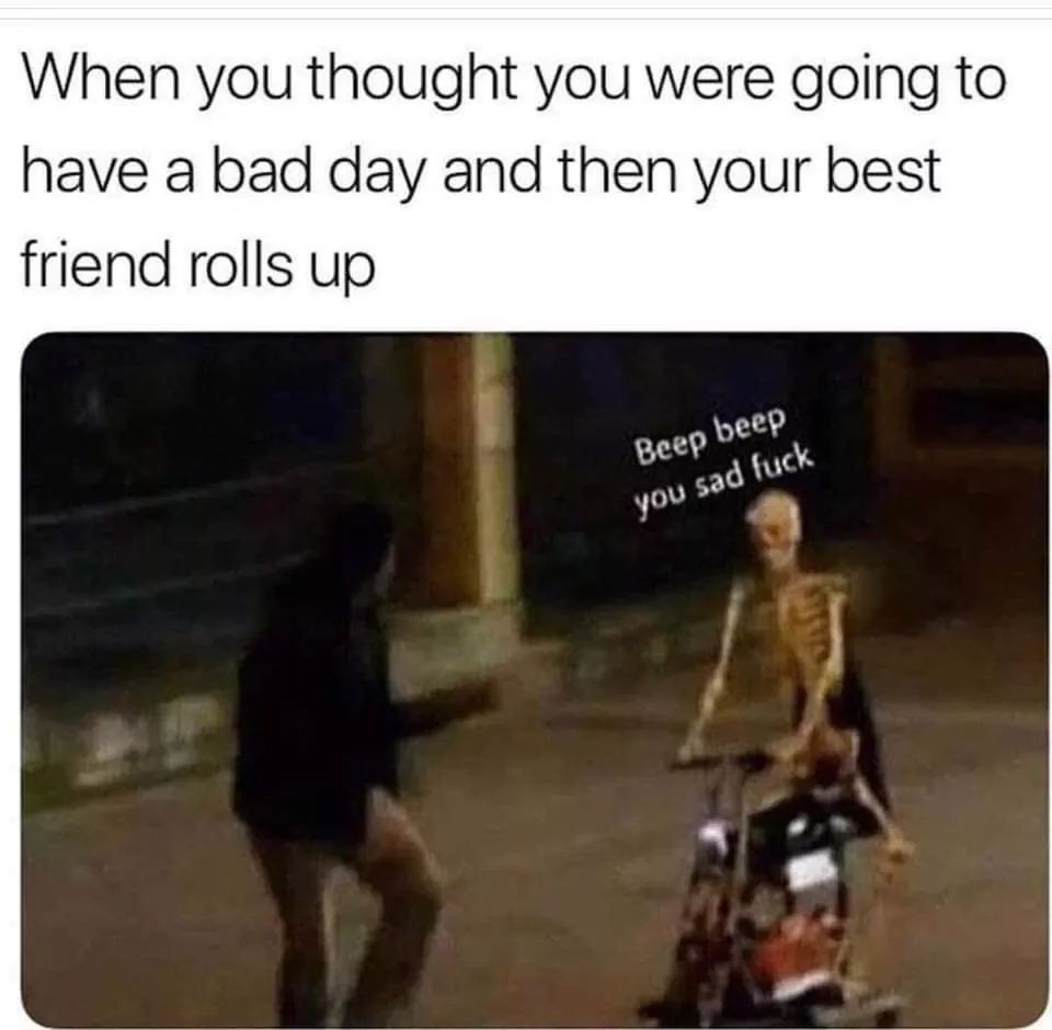 Funny memes - beep beep you sad fuck meme - When you thought you were going to have a bad day and then your best friend rolls up Beep beep you sad fuck