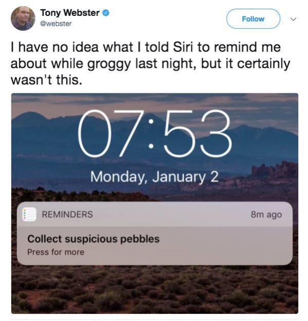 Funny memes - things that make you question humanity - Tony Webster I have no idea what I told Siri to remind me about while groggy last night, but it certainly wasn't this. Monday, January 2 Reminders 8m ago Collect suspicious pebbles Press for more