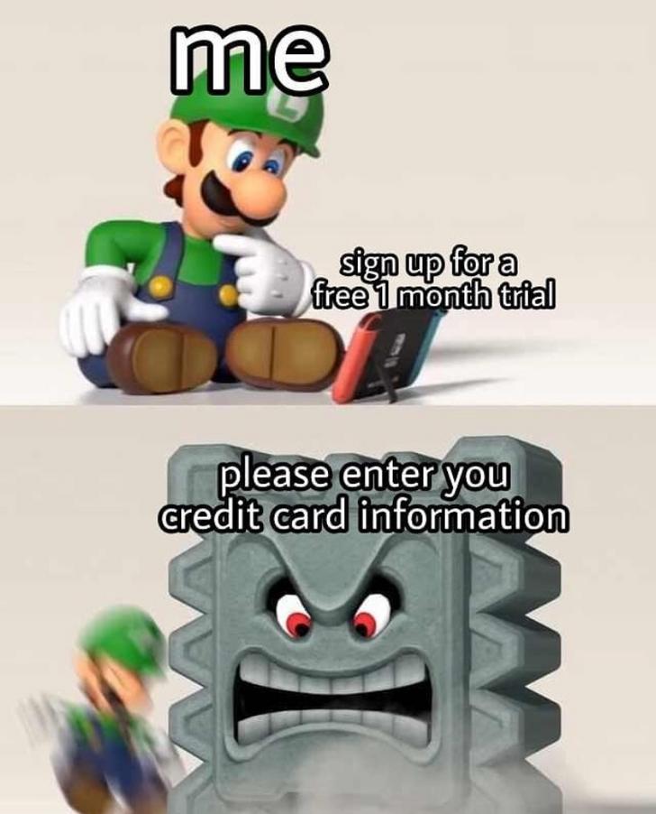 Funny Gaming Meme - nintendo memes - me sign up for a free 1 month trial please enter you credit card information