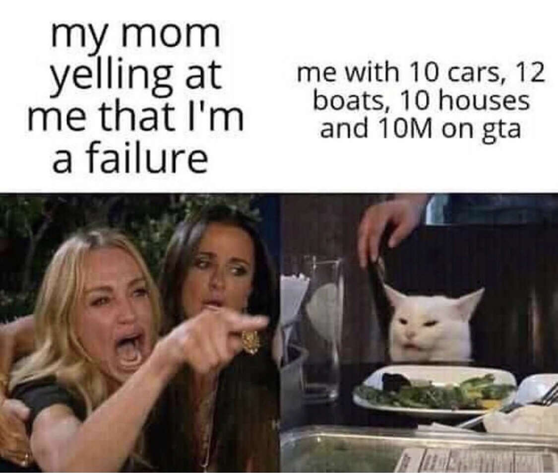 Funny Gaming Meme - my mom yelling at me that I'm a failure me with 10 cars, 12 boats, 10 houses and 10M on gta