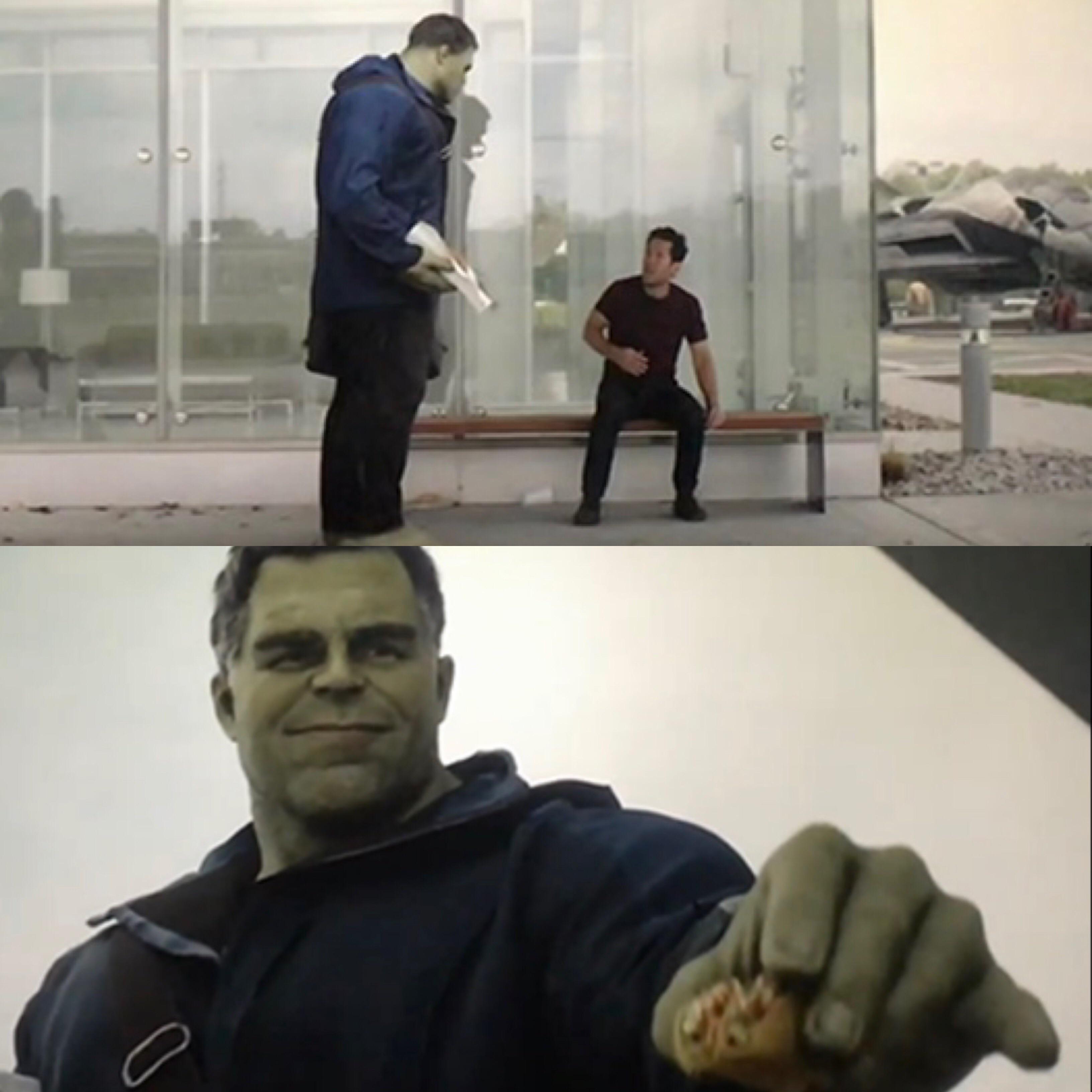 Hulk gives ant-man a taco. 
