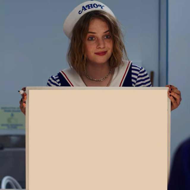 robin holding a whiteboard - stranger things meme