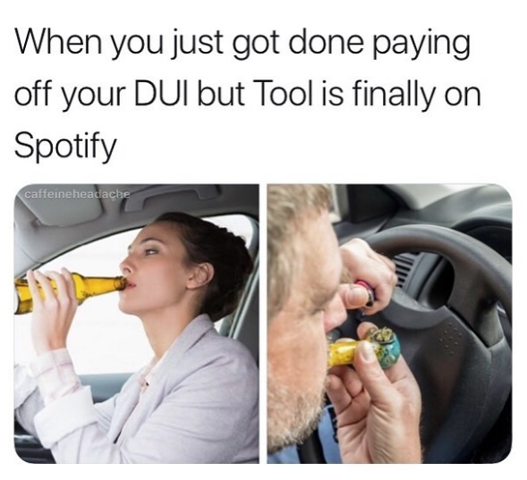 spicy meme - communication - When you just got done paying off your Dui but Tool is finally on Spotify caffeine headache