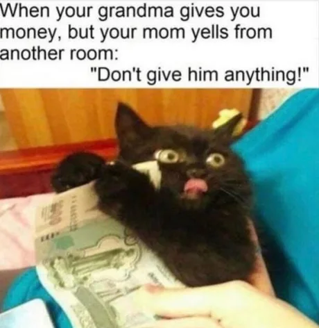 meme when your grandma gives you money - When your grandma gives you money, but your mom yells from another room "Don't give him anything!"