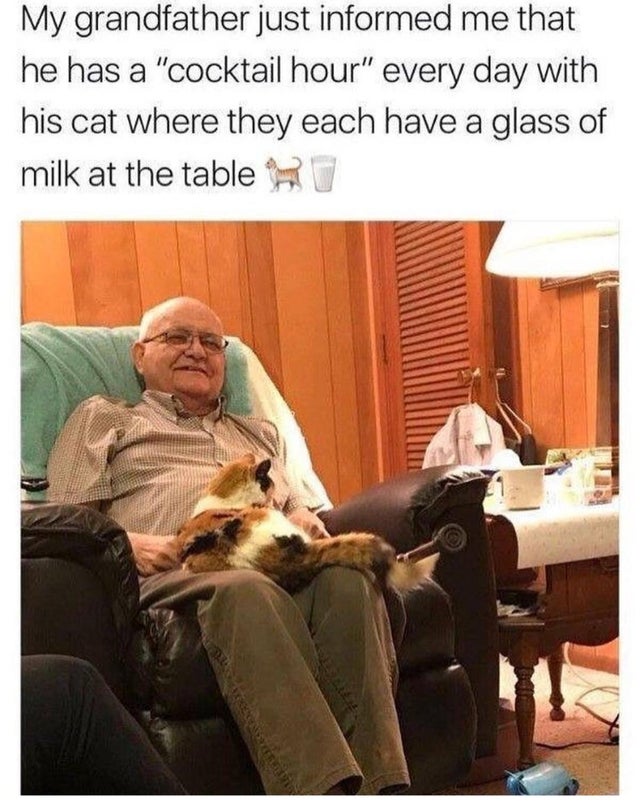 r mademesmile - My grandfather just informed me that he has a "cocktail hour" every day with his cat where they each have a glass of milk at the table