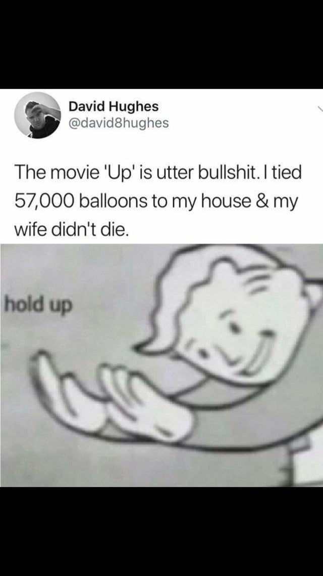 fallout guy hol up - David Hughes The movie 'Up'is utter bullshit. I tied 57,000 balloons to my house & my wife didn't die. hold up