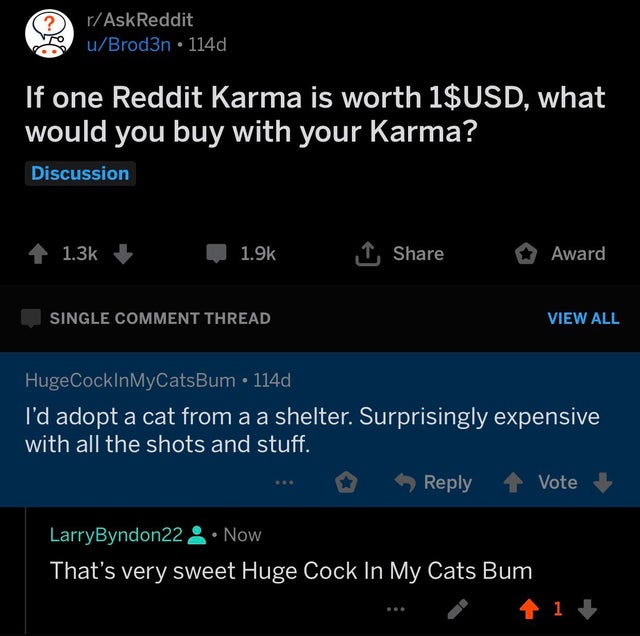 rAskReddit uBrod3n 114d o 5 If one Reddit Karma is worth 1$Usd, what would you buy with your Karma? Discussion 4 Award Single Comment Thread View All Huge CockInMyCatsBum 114d I'd adopt a cat from a a shelter. Surprisingly expensive with all the shots and