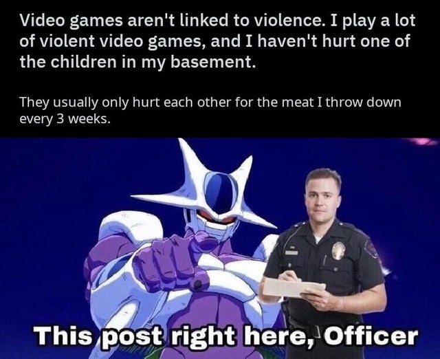 post right here officer cooler - Video games aren't linked to violence. I play a lot of violent video games, and I haven't hurt one of the children in my basement. They usually only hurt each other for the meat I throw down every 3 weeks. This post right 