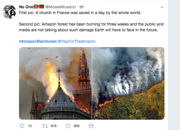 Amazon Rainforest - heat - No One Musanzi 9h First pic A church in France was saved in a day by the whole world. Second pic Amazon forest has been burning for three weeks and the public and media are not talking about such damage Earth will have to face i