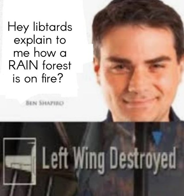 Amazon Rainforest - left wing destroyed meme - Hey libtards explain to me how a Rain forest is on fire? Den Shapiro Left Wing Destroyed