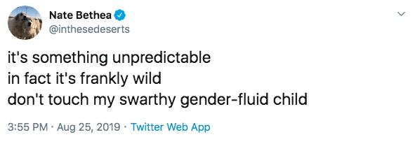 swarthy gender fluid child - document - Nate Bethea it's something unpredictable in fact it's frankly wild don't touch my swarthy genderfluid child . . Twitter Web App