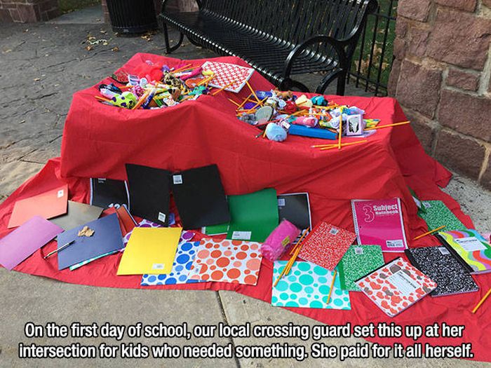 wholesome memes - School - On the first day of school, our local crossing guard set this up at her intersection for kids who needed something. She paid for it all herself.