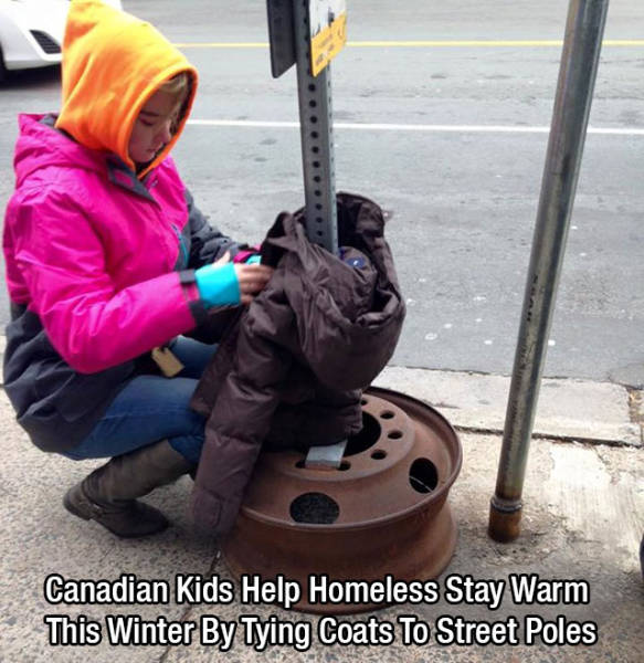 wholesome memes - Canadian Kids Help Homeless Stay Warm This Winter By Tying Coats To Street Poles