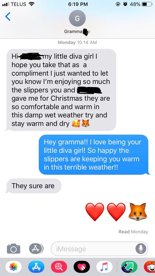 wholesome memes - web page - | Telus @ @ 48% D G Gramma Monday Hi my little diva girl | hope you take that as a compliment I just wanted to let you know I'm enjoying so much the slippers you and gave me for Christmas they are so comfortable and warm in th