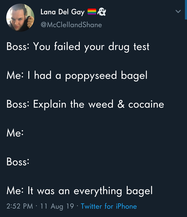 Bagel - Lana Del Gay Shane Boss You failed your drug test Me I had a poppyseed bagel Boss Explain the weed & cocaine Me Boss Me It was an everything bagel 11 Aug 19 Twitter for iPhone