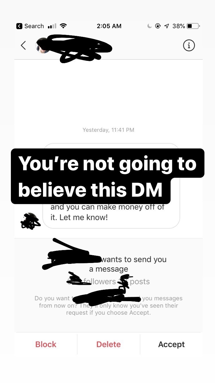 selvbetjening - Search .l C@ 7 38%O Yesterday, You're not going to believe this Dm and you can make money off of it. Let me know! wants to send you a message llowers posts Do you want you messages from now on? The only know you've seen their request if yo
