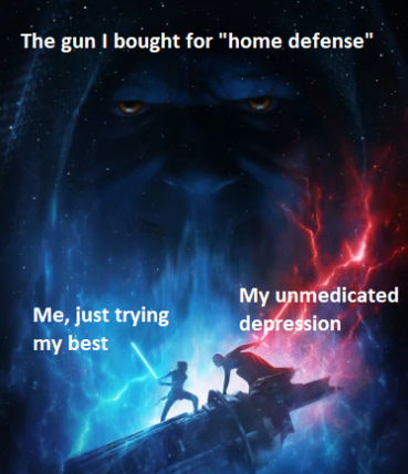 poster meme - Star Wars: The Rise of Skywalker - The gun I bought for "home defense" Me, just trying my best My unmedicated depression