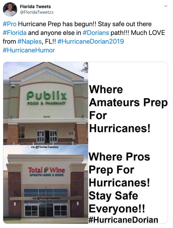 Hurricane Dorian meme - iphone 4 facetime - Florida Tweets Tweetzz Hurricane Prep has begun!! Stay safe out there and anyone else in path!!! Much Love from , Fl!! Dorian 2019 Humor Publix Food & Pharmacy Where Amateurs Prep For Hurricanes! Entwy via Tweet