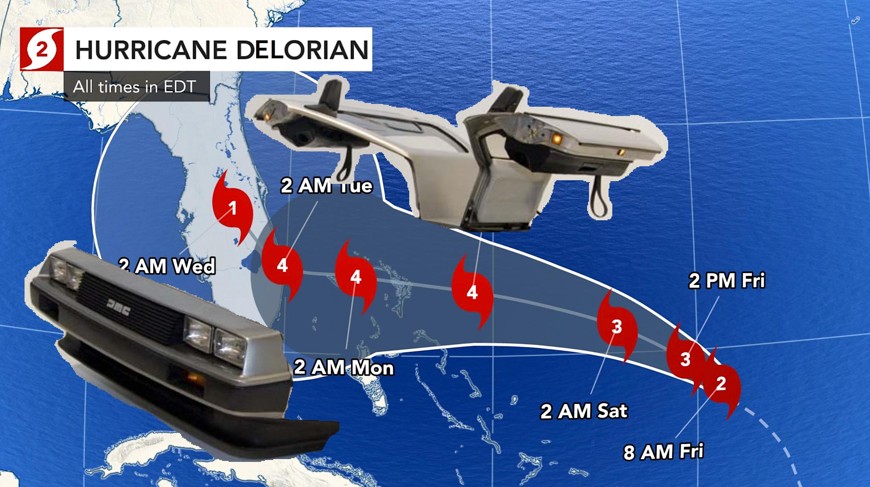 Hurricane Dorian meme - water transportation - Hurricane Delorian All times in Edt 2 Am Tue 2 Am Wed 2 Pm Fri 2 Am Mon 2 Am Sat 8 Am Fri