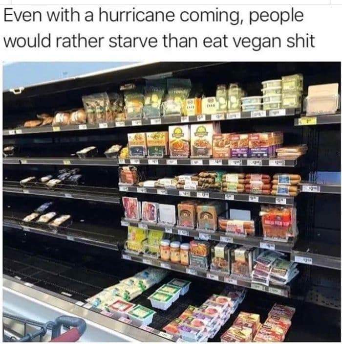 Hurricane Dorian meme - people would rather starve than eat vegan meme - Even with a hurricane coming, people would rather starve than eat vegan shit