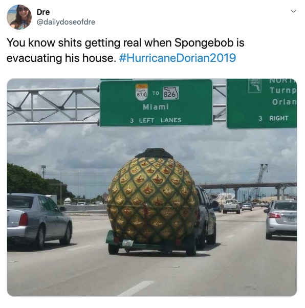 Hurricane Dorian Florida meme - hurricane spongebob - Dre You know shits getting real when Spongebob is evacuating his house. Dorian2019 872 To 826 Miami 3 Left Lanes Nuri Turnpl Orlan 3 Right