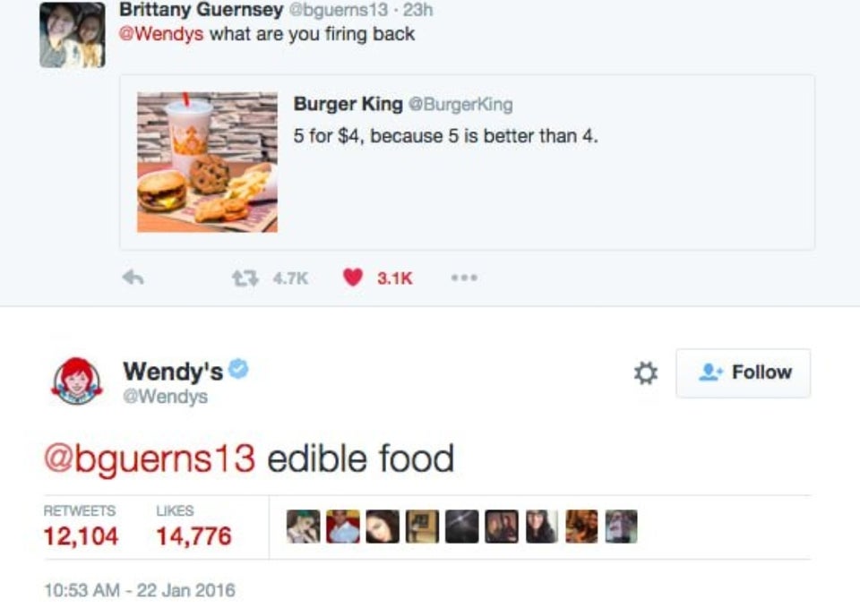 wendy's vs burger king twitter - Brittany Guernsey . 23h what are you firing back Burger King Burgerking 5 for $4, because 5 is better than 4. h 13 .. Wendy's Wendys edible food 12,104 14,776 300