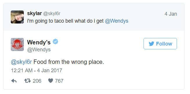 twitter roast wendy's - 4 Jan skylar i'm going to taco bell what do i get Wendy's Food from the wrong place. h t7 206 767