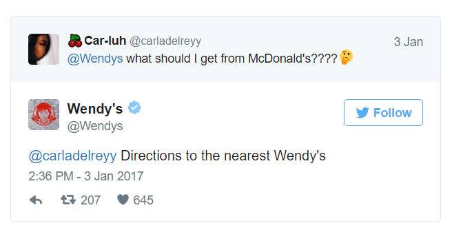 twitter roast wendy's - 3 Jan Carluh what should I get from McDonald's???? Wendy's Directions to the nearest Wendy's 47 207 645
