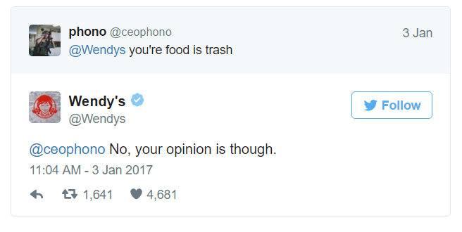 multimedia - 3 Jan phono you're food is trash Wendy's No, your opinion is though. 7 1,641 4,681