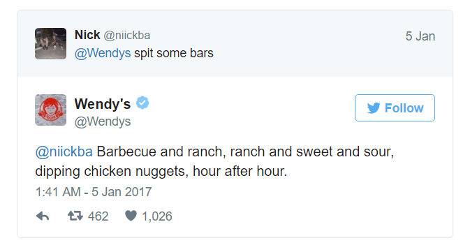 web page - 5 Jan Nick spit some bars Wendy's y Barbecue and ranch, ranch and sweet and sour, dipping chicken nuggets, hour after hour. t7 462 1,026