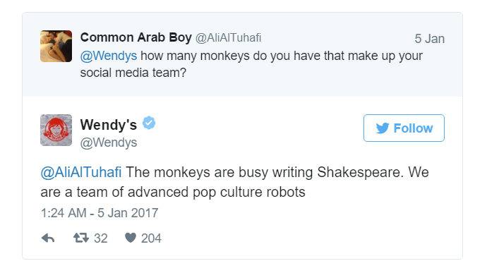 web page - Common Arab Boy 5 Jan how many monkeys do you have that make up your social media team? Wendy's y The monkeys are busy writing Shakespeare. We are a team of advanced pop culture robots 6 7 32 204