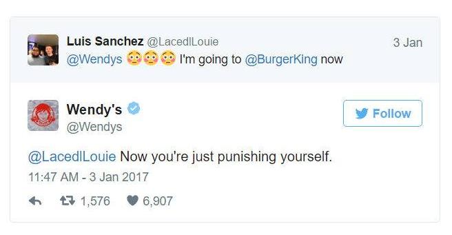 twitter roast wendy's - Luis Sanchez I'm going to now 3 Jan Wendy's Now you're just punishing yourself. 13 1,576 6,907