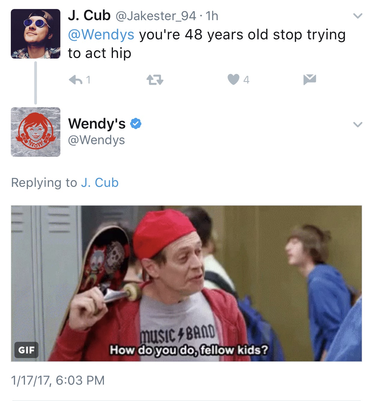 hello fellow kids gif - J. Cub 1h you're 48 years old stop trying to act hip 61 27 4 ~ Wendy's J. Cub music 4 Band How do you do, fellow kids? Gif 11717,