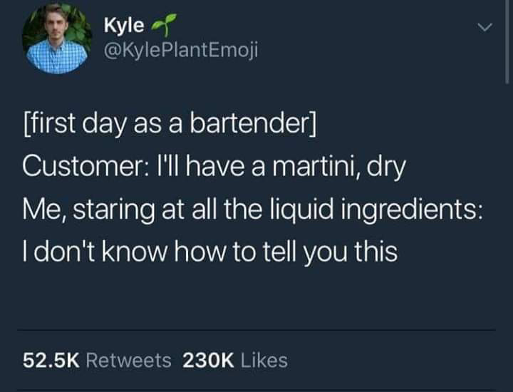 dry martini meme - Kyle first day as a bartender Customer I'll have a martini, dry Me, staring at all the liquid ingredients I don't know how to tell you this