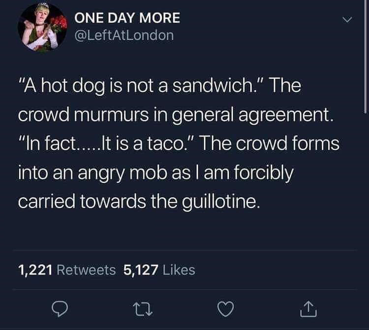 hot dog taco meme - One Day More "A hot dog is not a sandwich." The crowd murmurs in general agreement. "In fact.....It is a taco." The crowd forms into an angry mob as I am forcibly carried towards the guillotine. 1,221 5,127